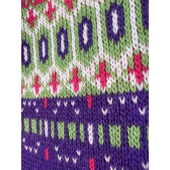 Vtg 90s Girls Ski Sweater Bright Pink Purple Green Geometric Fair Isle L USA - Picture 4 of 9